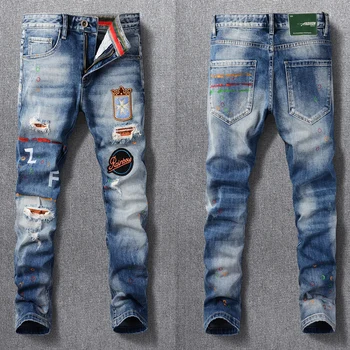 Уличная мода, мужские джинсы, ретро-Синие Эластичные облегающие Рваные джинсы, Мужские нашивки, Дизайнерские джинсовые брюки в стиле хип-хоп, Hombre