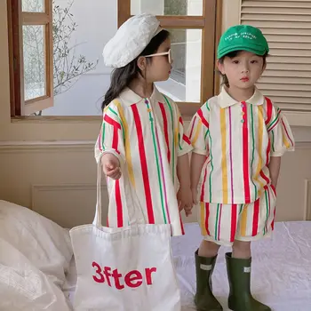 Корейская детская одежда 2023, Летняя Одинаковая одежда для брата и Сестры, комплект Поло Для мальчиков, Полосатое Платье для маленьких девочек, Одежда для братьев и сестер