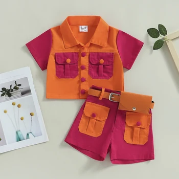 Летняя модная одежда для маленьких девочек из 2 предметов, рубашка контрастного цвета с коротким рукавом для малышей + Комплект шорт с поясом