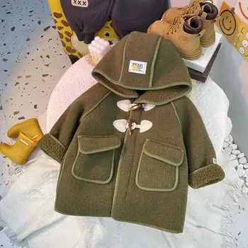 Шерстяное пальто для мальчиков, зимняя детская одежда из войлока, Новое детское теплое пальто с капюшоном из флиса