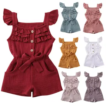 Высококачественная хлопковая Льняная Одежда для новорожденных малышей и маленьких девочек, однотонные Ползунки, Комбинезон, Солнцезащитный костюм, Детская летняя одежда от 1 до 5 лет