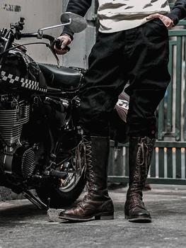 Нет в наличии прочных бриджей, байкерских брюк в винтажном стиле, мужских мотоциклетных брюк черного цвета