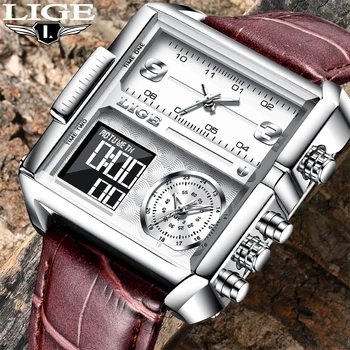 Лидирующий бренд, повседневные модные кварцевые часы LIGE Для мужчин, Водонепроницаемые военные часы с двойным дисплеем, Хроно-будильник, Спортивные наручные часы