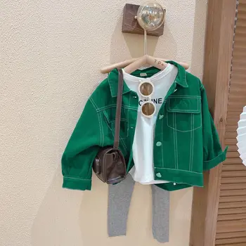 Повседневная джинсовая куртка для девочек, весенне-осенняя одежда, Новое Детское модное пальто, зеленый топ с длинными рукавами
