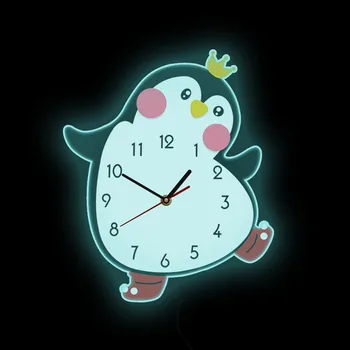 Настенные часы в виде розового пингвина Со светодиодной подсветкой Для Детской комнаты арктические полярные Животные Домашний Декор светящиеся настенные часы прикроватная ночная лампа