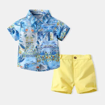 Повседневный костюм джентльмена для серфинга для мальчиков, Летний новинка 2023, Пляжные Рубашки и шорты с короткими рукавами и цифровым принтом, Детский комплект одежды для малышей