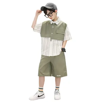 Летний костюм в Корейском стиле для мальчиков, Горячие Предложения, Детская рубашка с коротким рукавом + Шорты, 2 шт., Спортивная Повседневная одежда для подростков, Комплекты одежды для мальчиков от 4 до 14 лет