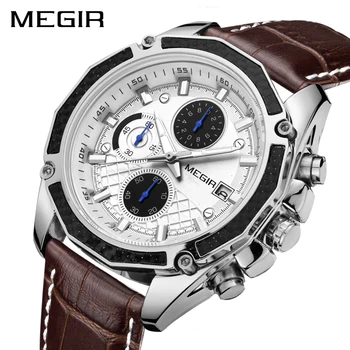 Официальные Кварцевые мужские часы MEGIR, Модные часы с хронографом из натуральной кожи, часы для нежных Мужчин, студентов мужского пола, Reloj Hombre 2015