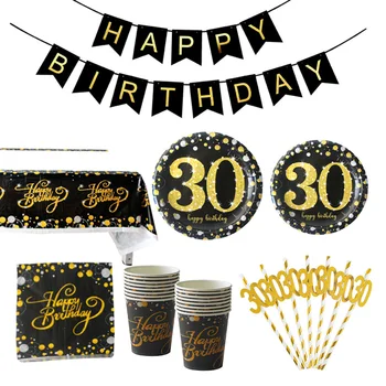 декор на 30-й день рождения, черное золото, одноразовая посуда для 16 Гостей, 30, 40, 50, 60 Лет, украшения для празднования Дня рождения, Юбилея для взрослых