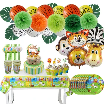 Украшения для Дня рождения в джунглях, животные в джунглях, Сафари со львом, Топпер для торта в душе ребенка, воздушные шары из фольги, Одноразовая посуда