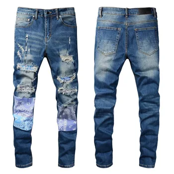 Новые поступления, Мужская синяя уличная одежда Высокого качества, приталенная, с рисунком Кешью в стиле пэчворк, обтягивающие, стрейчевые, с дырками, рваные джинсы