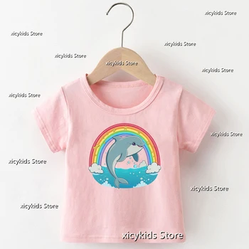 Новинка; лидер продаж; детская футболка с акварельной росписью; футболка с изображением дельфина и животных для девочек; милая детская футболка; летняя розовая футбо