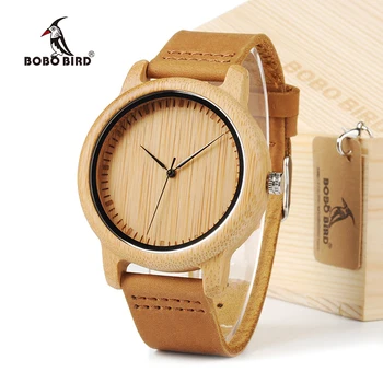 BOBO BIRD Простые мужские бамбуковые часы 43 мм с деревянным циферблатом и кожаным ремешком в подарочной коробке