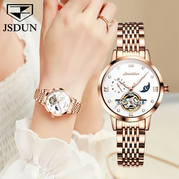 JSDUN Автоматические часы для женщин из нержавеющей стали 30 м Водонепроницаемый Скелет Moonswatch Роскошные Элегантные женские наручные часы Оригинал