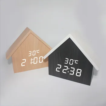 Будильник для моделирования деревянного дома; Краткие электронные светодиодные цифровые часы из массива дерева с температурным дисплеем; Детский будильник