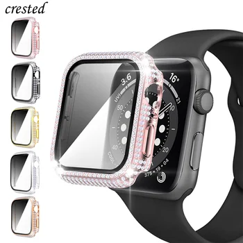 Стекло + Крышка для Apple Watch case 40 мм 44 мм 41 мм 45 мм Аксессуары iWatch с бриллиантами + Защитная пленка для экрана Apple watch series 3 4 5 6 SE 7