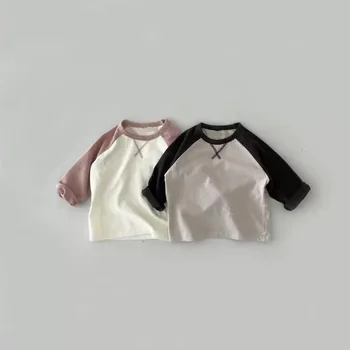 Осенняя Новая Детская футболка с длинным рукавом, Хлопковая Простая повседневная нижняя рубашка Для младенцев, Пуловеры с контрастной вышивкой Для мальчиков и девочек, топы