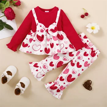 Blotona, одежда для маленьких девочек на День Святого Валентина, топы с длинными рукавами и бантом в виде сердца + расклешенные брюки, 6 месяцев-4 года