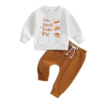 Одежда для маленьких мальчиков на День Благодарения, толстовка с длинными рукавами и эластичными штанами с буквенным принтом 