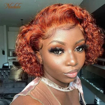 Nadula Hair Pixie Cut Парик из 100% Человеческих Волос, Короткие Вьющиеся Парики-Бобы для Женщин, Волнистые 13x1 Кружевные Афро Парики 6 Дюймов # 350 Оранжевого Цвета