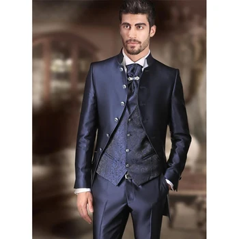 Новый Официальный мужской костюм темно-синего цвета, комплект из 3 предметов (куртка + брюки + жилет), Свадебные костюмы для мужчин, жаккардовый приталенный комплект для жениха на заказ
