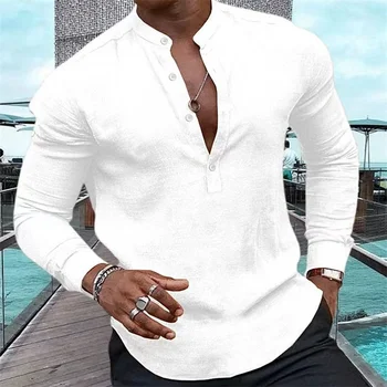 Новый модный мужской однотонный кардиган с длинным рукавом, рубашка с воротником Хенли, Гавайская рубашка для отпуска, Лето, 5 цветов