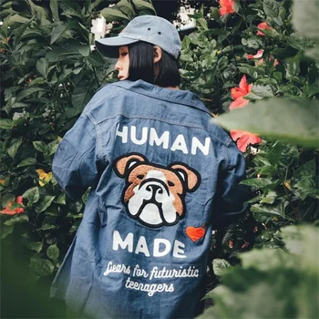 Сделано 23SS, Япония, Ретро-вышивка в виде головы собаки, печать персонажей, Свободные мужские и женские рубашки с лацканами