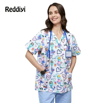 Высококачественная клиническая униформа, женские топы-скраб с принтом, рабочая одежда для салона красоты, хирургический костюм для женщин, медицинский костюм ブーウス