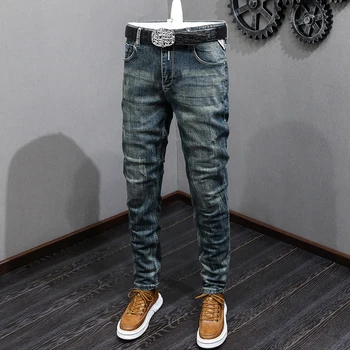 Новые Дизайнерские Модные мужские джинсы в стиле Ретро, Синие Эластичные Тонкие Рваные джинсы, Мужские Повседневные прямые брюки, Винтажные джинсовые брюки Hombre