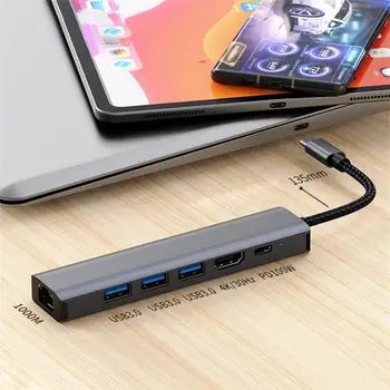 Док-станция 6 В 1 USB-C Gigabit Ethernet Rj45 USB 3.0 Концентратор, совместимый с HDMI, 4K 100W PD-Концентратор, Адаптер Для Аксессуаров для ноутбуков