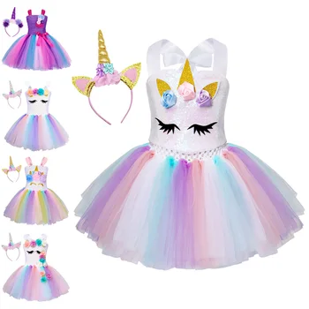 Платье-повязка на голову Принцессы Юребекии с Единорогом, многослойный тюлевый костюм-пачка, Детский комплект для Вечеринки по случаю Дня рождения