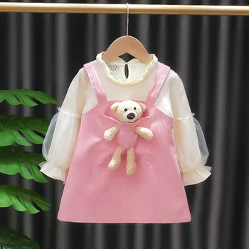 Платье с медведем для маленьких девочек, Новое весенне-осеннее платье с длинными рукавами для Малышей, Поддельный Мультяшный медведь, Праздничная одежда Принцессы из двух частей, одежда для малышей
