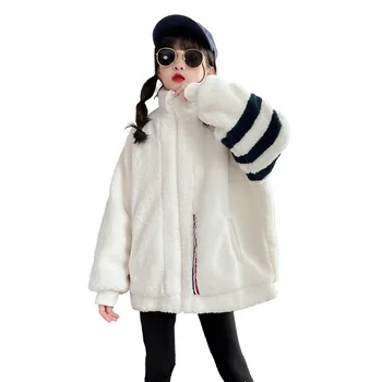 Детская Одежда Для девочек, Пальто из овечьей шерсти, Осенне-зимний Плюшевый Толстый Корейский Топ, Модный Повседневный Свободный Шерстяной свитер в полоску для подростков от 4 до 14 лет