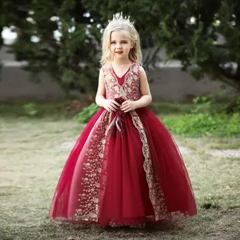 Платье Принцессы с цветочным узором для девочек, Пышное Бальное платье на День рождения, без рукавов, Тюлевое Свадебное платье для гостей, Элегантное платье для подиума для детей