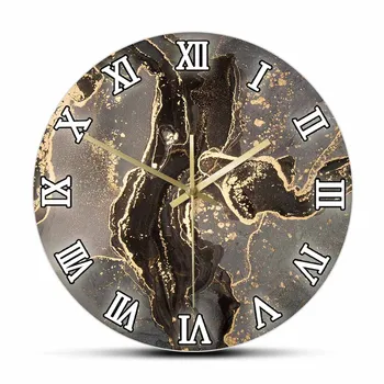 Черный мрамор с золотыми деталями, Настенные часы с принтом, Современный дизайн, Роскошный домашний декор, Минималистичные художественные работы, Ретро-часы с римскими цифрами