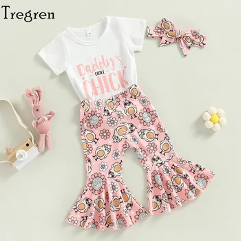 Комплекты Пасхальной одежды Tregren для маленьких девочек, Белые топы с короткими рукавами и буквенным принтом + расклешенные брюки с рисунком цыпленка + повязка на голову 2023