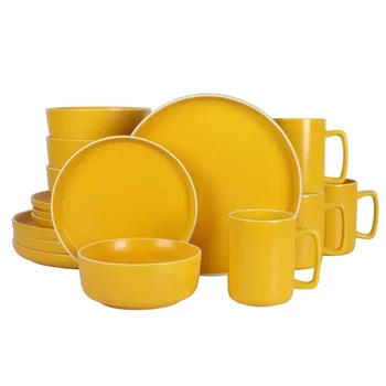 Домашний набор круглой посуды из желтого керамогранита из 16 предметов