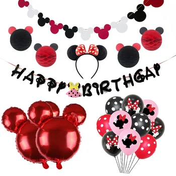 Тематические принадлежности для вечеринок с Минни Маус, украшения на День рождения, красные и черные для девочек, повязка на ухо, баннер С Днем рождения на День Рождения