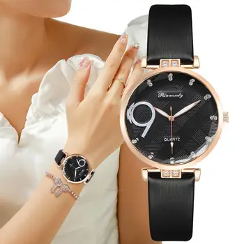Модные брендовые женские часы, кварцевые модные часы со стразами, женские часы с черным кожаным ремешком, подарочные часы