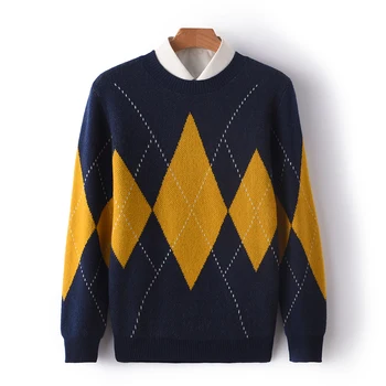 Мужской пуловер с круглым вырезом из 100% шерсти, модный вязаный кашемировый свитер в тон, осенне-зимние топы