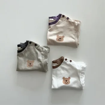 Удобные футболки с длинными рукавами для новорожденных в корейском стиле для маленьких мальчиков и девочек, простая футболка с рисунком медведя, свободная нижняя рубашка, топ, весна-осень