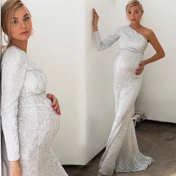 Новые Шикарные платья для беременных для фотосессии, Макси-платье, Сексуальное Длинное платье для беременных с пайетками, с открытыми плечами, Длинное платье для беременных