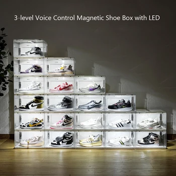 Коробка для обуви со светодиодной Подсветкой, Прозрачная, С Умным Управлением Звуком, Витрина для Кроссовок AJ, Коробка для обуви с высокими Голенищами, Светящийся светодиодный шкаф для футбольной обуви