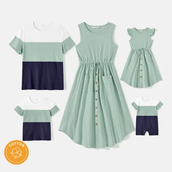 Комплекты одежды для семьи PatPat, однотонные хлопковые платья на бретелях с завязками спереди и цветными блоками с короткими рукавами, комплекты футболок