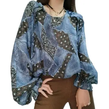 Новая элегантная рубашка с рукавом-фонариком, синяя сексуальная винтажная блузка на пуговицах, офисная женская рубашка с круглым вырезом, женская повседневная