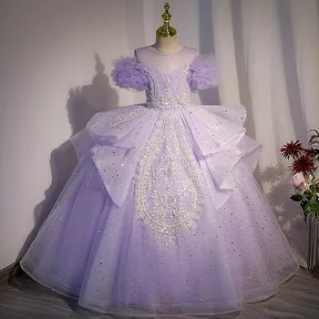 Платья принцессы для девочек на свадьбу, Детское вечернее платье для подиума, Праздничное платье для выступлений, бальные платья Фиолетового цвета