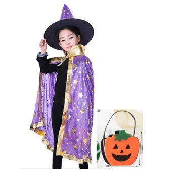 3 шт., костюм на Хэллоуин для детей, Косплей для девочек, Интересный подарок, Плащ, Шляпа Волшебника, Сумка с принтом Тыквы, Комплект одежды на Хэллоуин