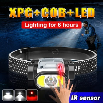 Перезаряжаемый светодиодный Налобный фонарь Мощный XPE + COB светодиодный налобный фонарь с ИК-датчиком, фара для рыбалки на открытом воздухе, фонарь для кемпинга
