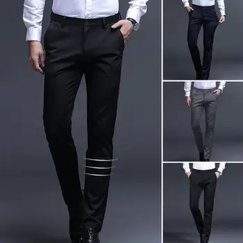 Мужские Костюмные брюки с высокой талией, облегающие мужские костюмные брюки без морщин, эластичные дышащие деловые официальные брюки, гладкие длинные